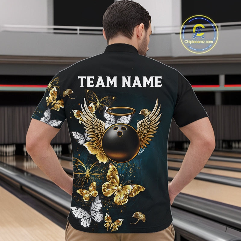 Custom Gold Butterflies Bowling Shirts For Men, Personalized Team Bowling Polo & Quarter-Zip Shirts NQS10577