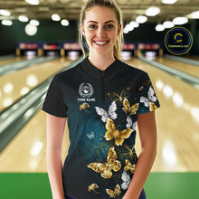 Load image into Gallery viewer, Custom Gold Butterflies Bowling Shirts For Women, Personalized Team Bowling Polo &amp; Quarter-Zip Shirts NQS10577
