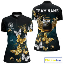 Load image into Gallery viewer, Custom Gold Butterflies Bowling Shirts For Women, Personalized Team Bowling Polo &amp; Quarter-Zip Shirts NQS10577