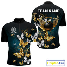 Load image into Gallery viewer, Custom Gold Butterflies Bowling Shirts For Men, Personalized Team Bowling Polo &amp; Quarter-Zip Shirts NQS10577