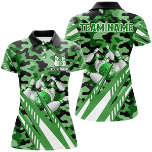 Custom Green Camo Bowling Shirts For Women, Personalized Bowling Team Jerseys NQS8609