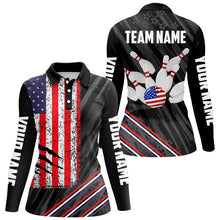 Load image into Gallery viewer, Personalized Black Camo American Flag Bowling Team Shirt For Women, Patriotic Bowling Gift For Bowlers NQS8611