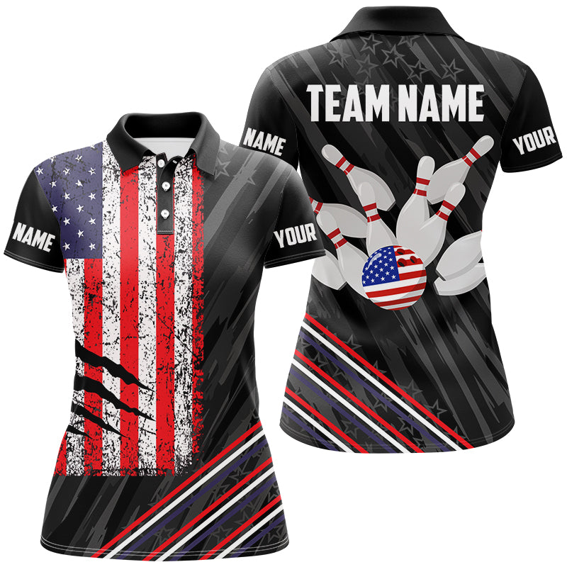 Personalized Black Camo American Flag Bowling Team Shirt For Women, Patriotic Bowling Gift For Bowlers NQS8611