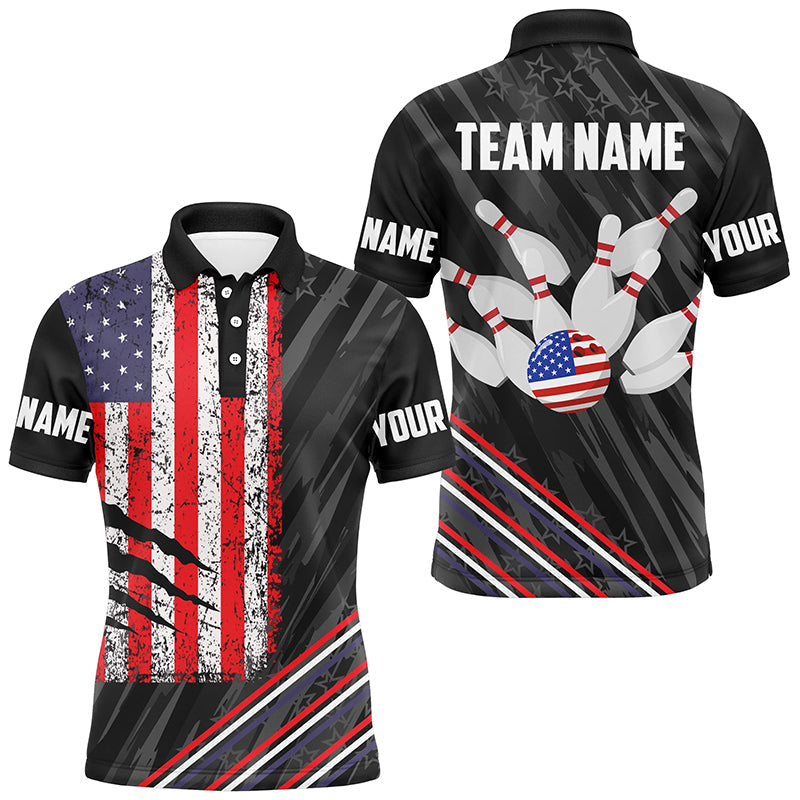 Personalized Black Camo American Flag Bowling Team Shirts For Men, Patriotic Bowling Gifts For Bowlers NQS8611