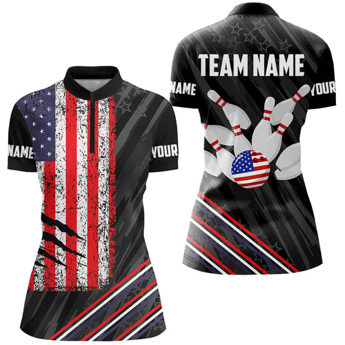 Personalized Black Camo American Flag Bowling Team Shirt For Women, Patriotic Bowling Gift For Bowlers NQS8611