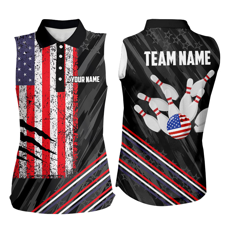 Personalized Black Camo American Flag Bowling sleeveless polo Shirt For Women, Patriotic Bowling Gift NQS8611