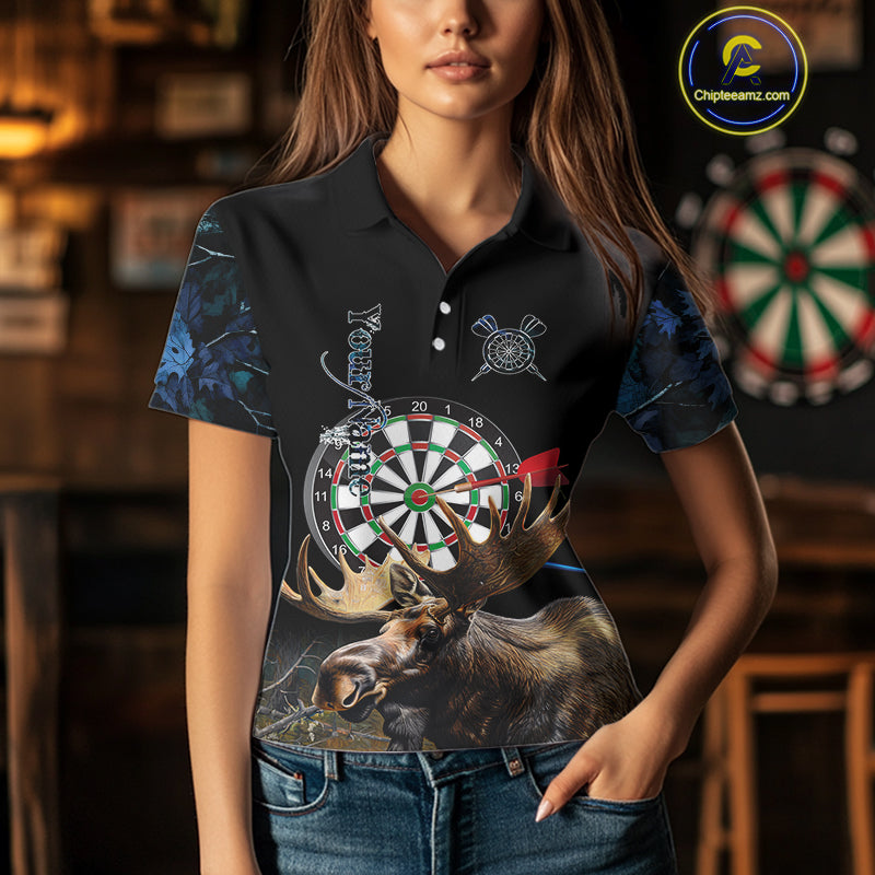 Personalized Black and Blue Camo Moose Darts Shirts For Women Custom Darts Team Jerseys NQS10975