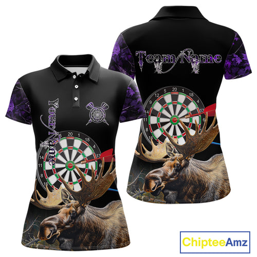 Personalized Black and Purple Camo Moose Darts Shirts For Women Custom Darts Team Jerseys NQS10976