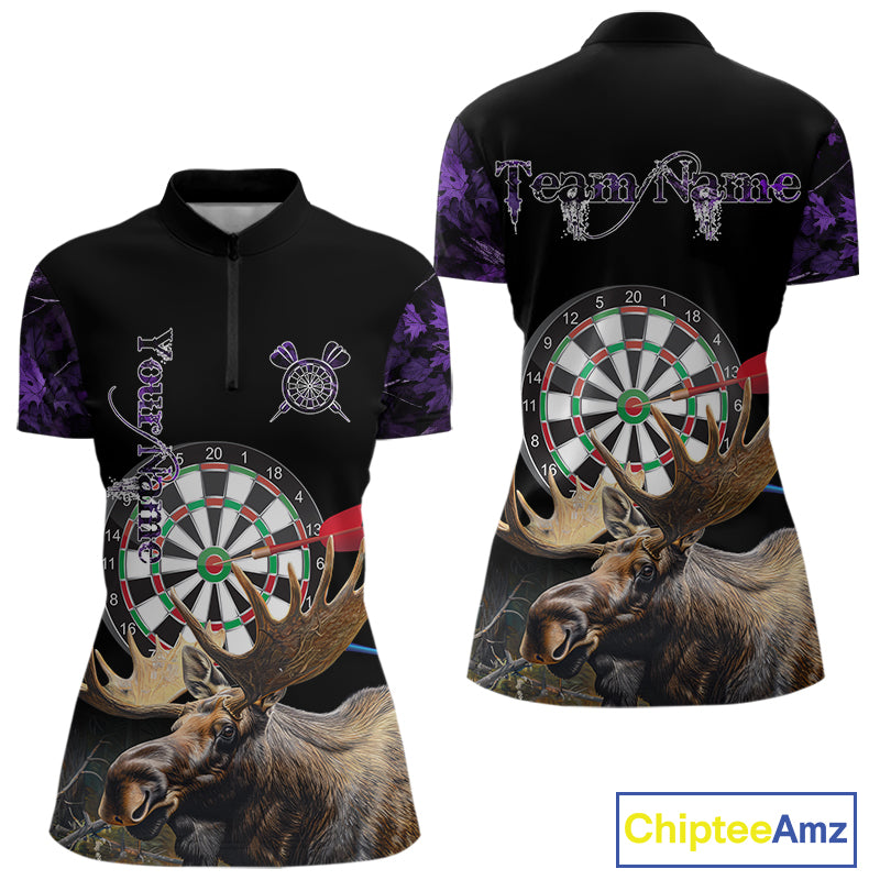 Personalized Black and Purple Camo Moose Darts Shirts For Women Custom Darts Team Jerseys NQS10976