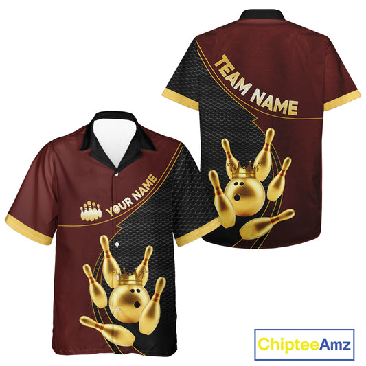 Red and Gold Hawaiian Bowling jerseys Custom Team Bowling Button up Shirt bowlers Outfit NQS10973