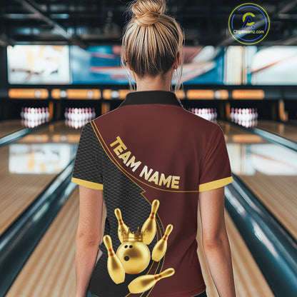 Red and Gold Bowling shirts for Women Custom Team Bowling Polo, 1/4 zip Shirt bowlers Outfit NQS10973