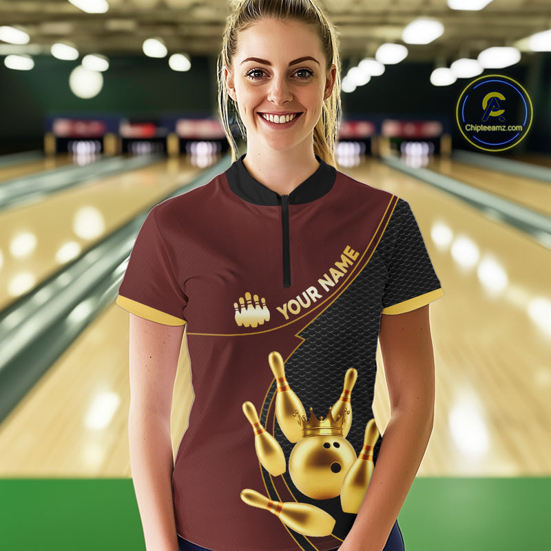 Red and Gold Bowling shirts for Women Custom Team Bowling Polo, 1/4 zip Shirt bowlers Outfit NQS10973