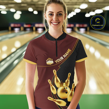 Red and Gold Bowling shirts for Women Custom Team Bowling Polo, 1/4 zip Shirt bowlers Outfit NQS10973