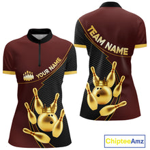 Load image into Gallery viewer, Red and Gold Bowling shirts for Women Custom Team Bowling Polo, 1/4 zip Shirt bowlers Outfit NQS10973