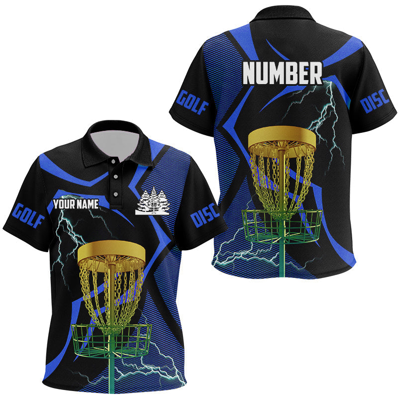 Black & Blue Kid disc golf polos shirt custom lightning thunder disc golf basket, frisbee golf gift NQS9088