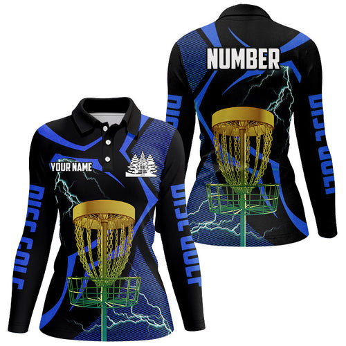 Black and Blue Women disc golf polo shirt custom lightning thunder disc golf basket, disc golf gift NQS9088