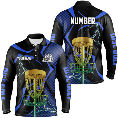 Black and Blue Men disc golf polo shirt custom lightning thunder disc golf basket, disc golf gifts NQS9088