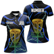 Load image into Gallery viewer, Black and Blue Women disc golf polo shirt custom lightning thunder disc golf basket, frisbee golf gift NQS9088