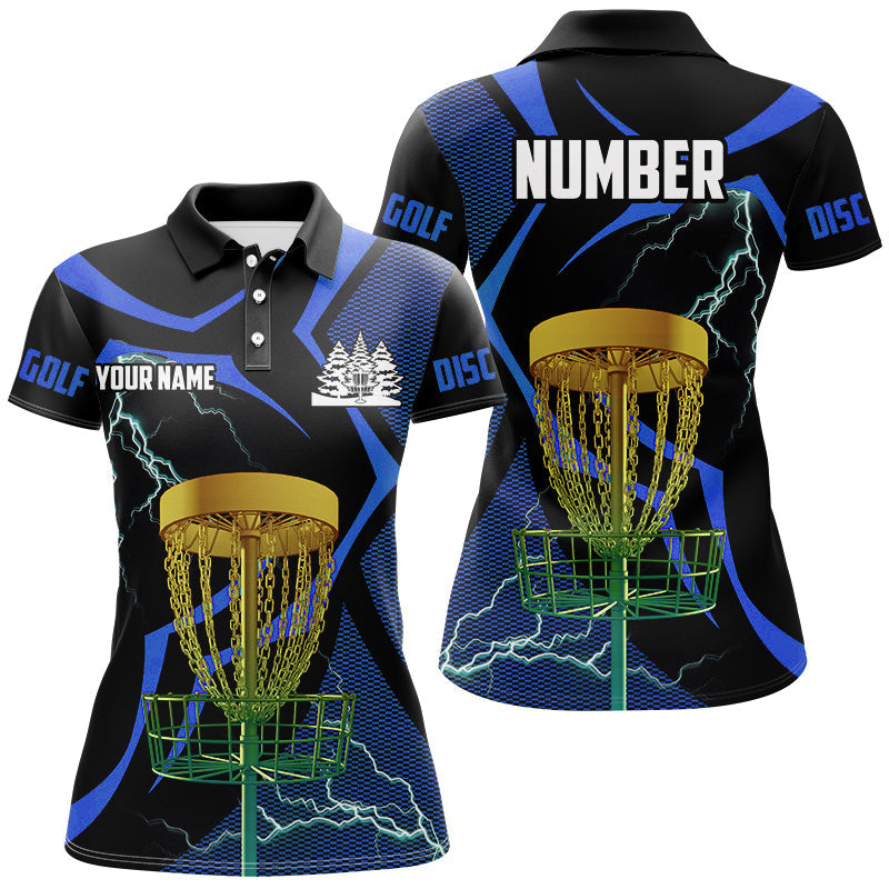 Black and Blue Women disc golf polo shirt custom lightning thunder disc golf basket, frisbee golf gift NQS9088