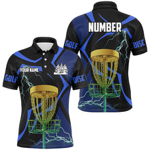 Load image into Gallery viewer, Black and Blue Men disc golf polo shirt custom lightning thunder disc golf basket, frisbee golf gifts NQS9088