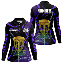 Load image into Gallery viewer, Black &amp; Purple Women disc golf polo shirt custom lightning thunder disc golf basket, frisbee golf gift NQS9089