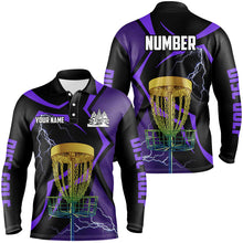 Load image into Gallery viewer, Black &amp; Purple Men disc golf polo shirt custom lightning thunder disc golf basket, frisbee golf gifts NQS9089