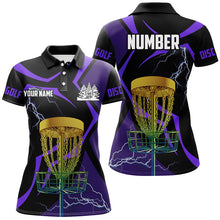 Load image into Gallery viewer, Black &amp; Purple Women disc golf polo shirt custom lightning thunder disc golf basket, frisbee golf gift NQS9089