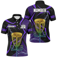 Load image into Gallery viewer, Black &amp; Purple Men disc golf polo shirt custom lightning thunder disc golf basket, frisbee golf gifts NQS9089