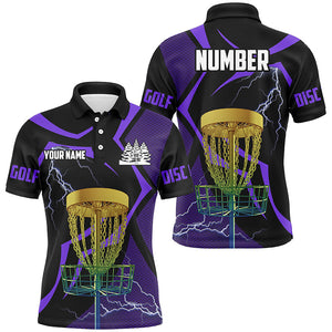 Black & Purple Men disc golf polo shirt custom lightning thunder disc golf basket, frisbee golf gifts NQS9089