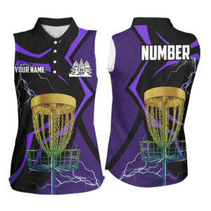 Black & Purple Women sleeveless polo shirt custom lightning thunder disc golf basket,frisbee golf gift NQS9089