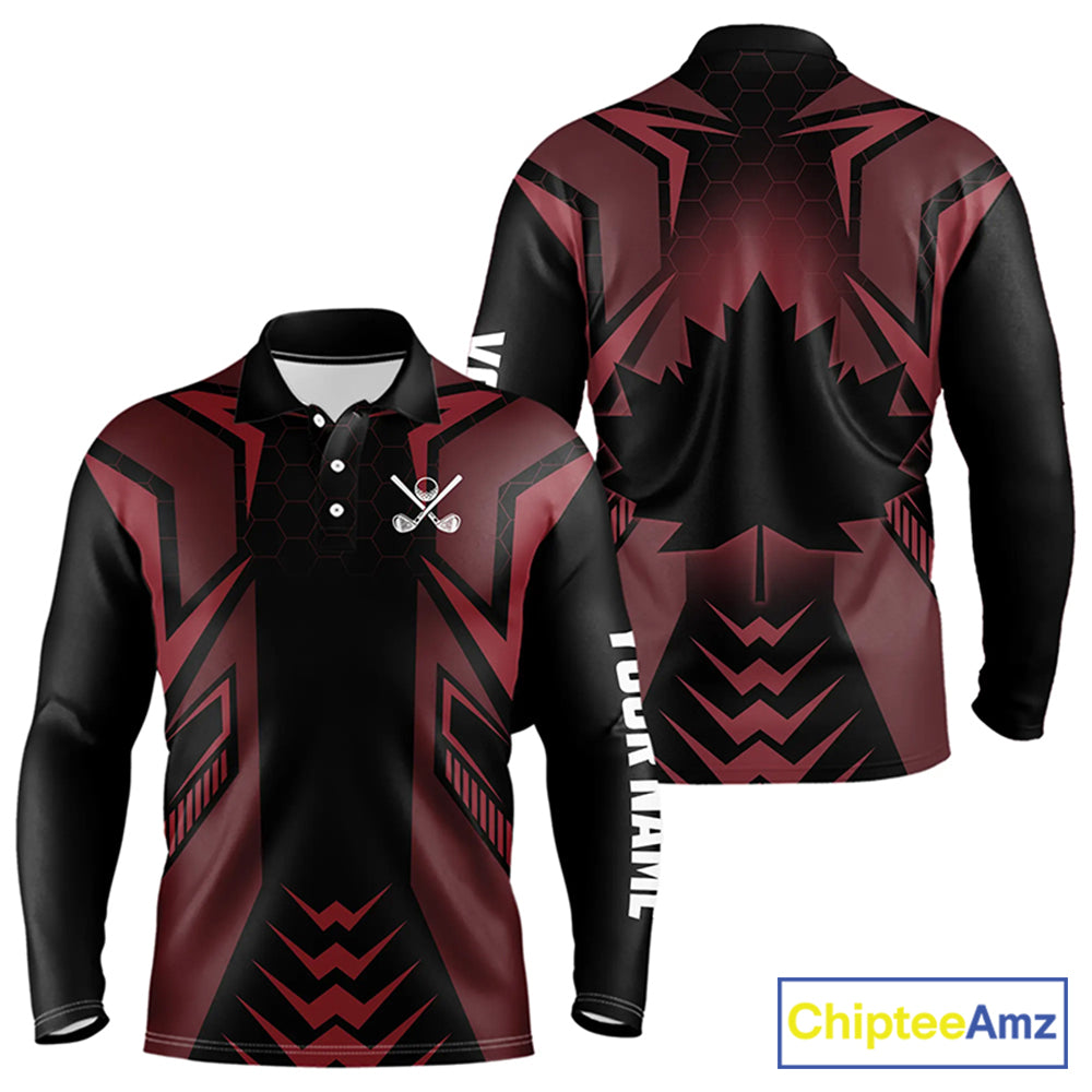 Black and Red Canadian Flag Mens Golf Polo Shirts Custom Patriotic Golf Gifts For Men NQS9096