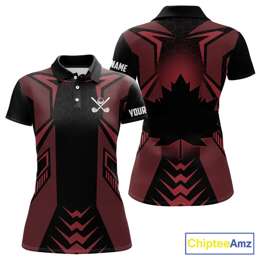 Black and Red Canadian Flag Womens Golf Polo Shirts Custom Patriotic Golf Gifts For Women NQS9096
