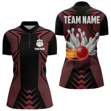 Load image into Gallery viewer, Personalized Black and Red Flame Bowling Polo, Quarter Zip Shirts For Women Custom Bowling Team Jersey NQS9097