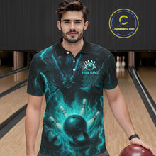 Load image into Gallery viewer, Personalized Black and Turquoise Flame Lightning Dragon Bowling Shirts For Men, Team Bowling Jerseys NQS11168