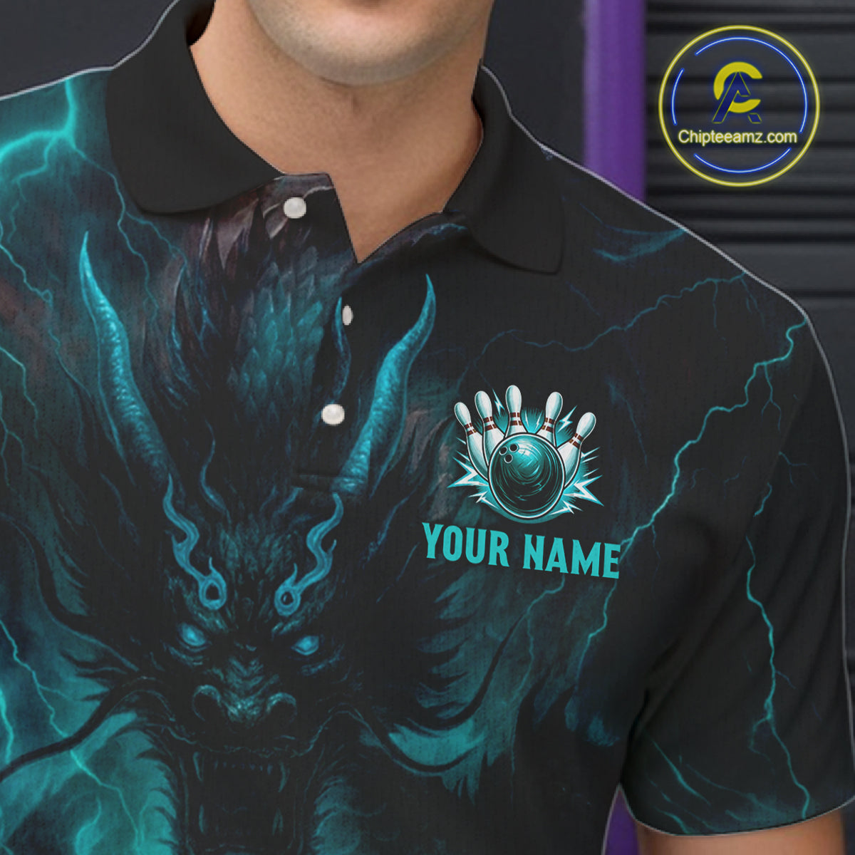 Personalized Black and Turquoise Flame Lightning Dragon Bowling Shirts For Men, Team Bowling Jerseys NQS11168