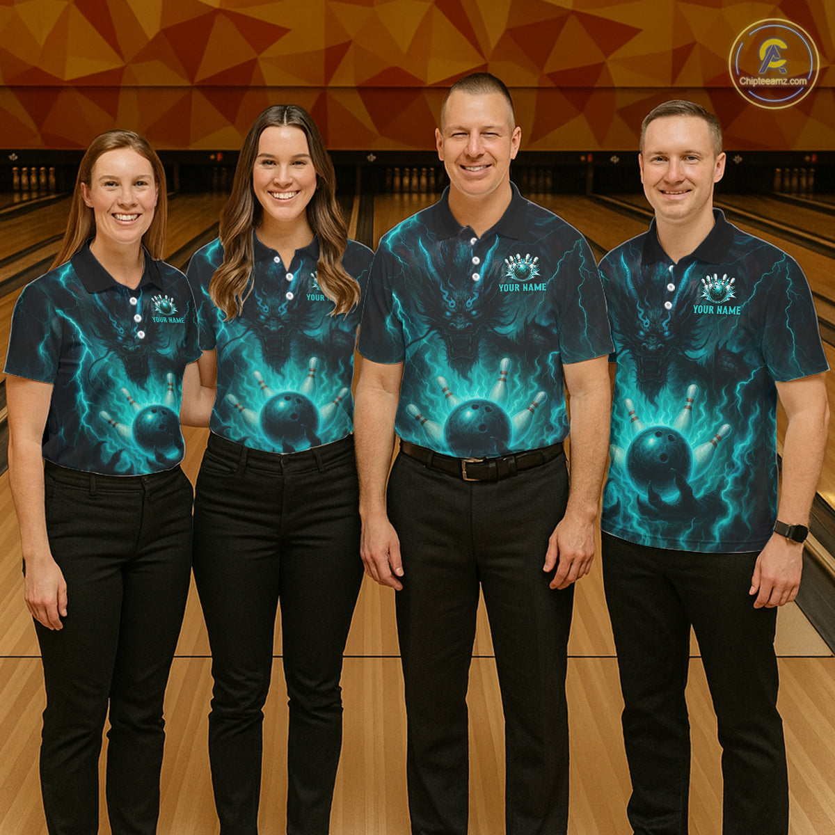 Personalized Black and Turquoise Flame Lightning Dragon Bowling Shirts For Women, Team Bowling Jersey NQS11168