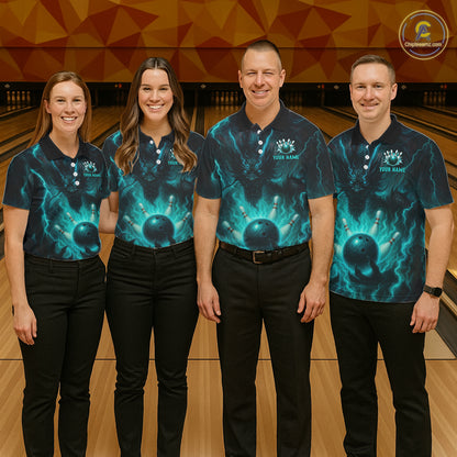 Personalized Black and Turquoise Flame Lightning Dragon Bowling Shirts For Women, Team Bowling Jersey NQS11168