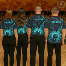 Load image into Gallery viewer, Personalized Black and Turquoise Flame Lightning Dragon Bowling Shirts For Women, Team Bowling Jersey NQS11168