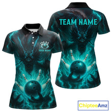 Load image into Gallery viewer, Personalized Black and Turquoise Flame Lightning Dragon Bowling Shirts For Women, Team Bowling Jersey NQS11168