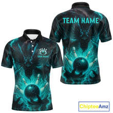Load image into Gallery viewer, Personalized Black and Turquoise Flame Lightning Dragon Bowling Shirts For Men, Team Bowling Jerseys NQS11168