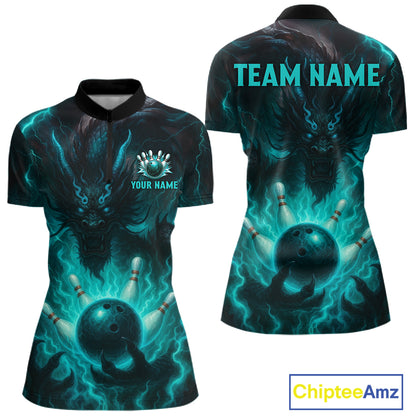 Personalized Black and Turquoise Flame Lightning Dragon Bowling Shirts For Women, Team Bowling Jersey NQS11168