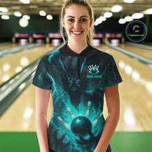 Load image into Gallery viewer, Personalized Black and Turquoise Flame Lightning Dragon Bowling Shirts For Women, Team Bowling Jersey NQS11168