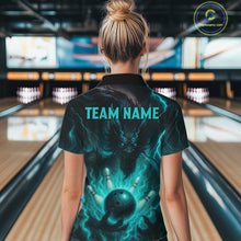Load image into Gallery viewer, Personalized Black and Turquoise Flame Lightning Dragon Bowling Shirts For Women, Team Bowling Jersey NQS11168