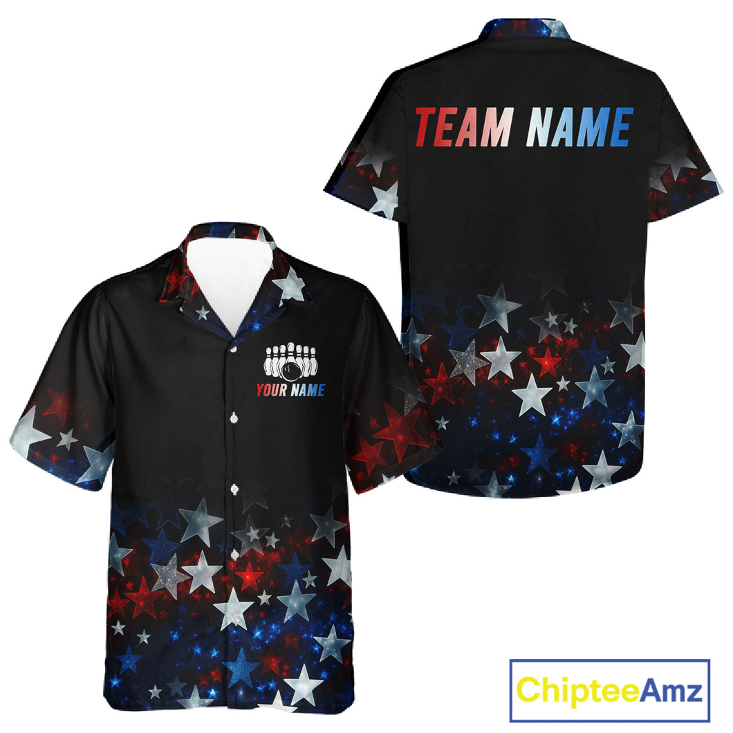 Personalized Red, White and Blue Stars Pattern Bowling Team Hawaiian Shirts Patriotic Bowling Gifts NQS11169