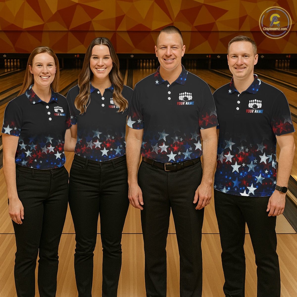 Personalized Red, White and Blue Stars Pattern Bowling Team Shirts For Women Patriotic Bowling Gifts NQS11169