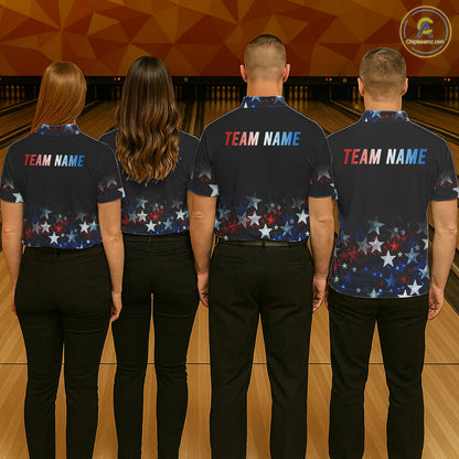 Personalized Red, White and Blue Stars Pattern Bowling Team Shirts For Women Patriotic Bowling Gifts NQS11169