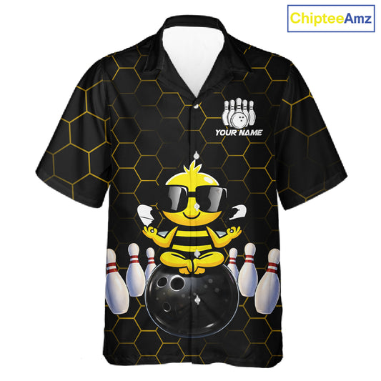 Black and Gold Funny Bee Bowling Hawaiian Shirt Custom Team Bowling Button-up shirt, Gift For Bowlers NQS11582