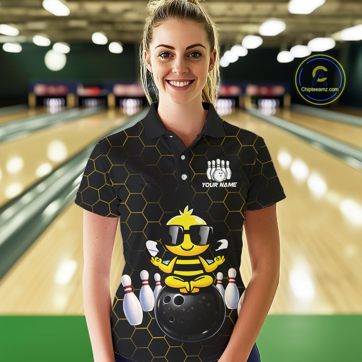 Black and Gold Funny Bee Bowling Shirts for Women Custom Team Bowling Jerseys, Gift For Bowlers NQS11582