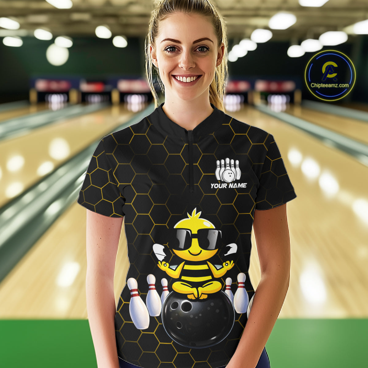 Black and Gold Funny Bee Bowling Shirts for Women Custom Team Bowling Jerseys, Gift For Bowlers NQS11582