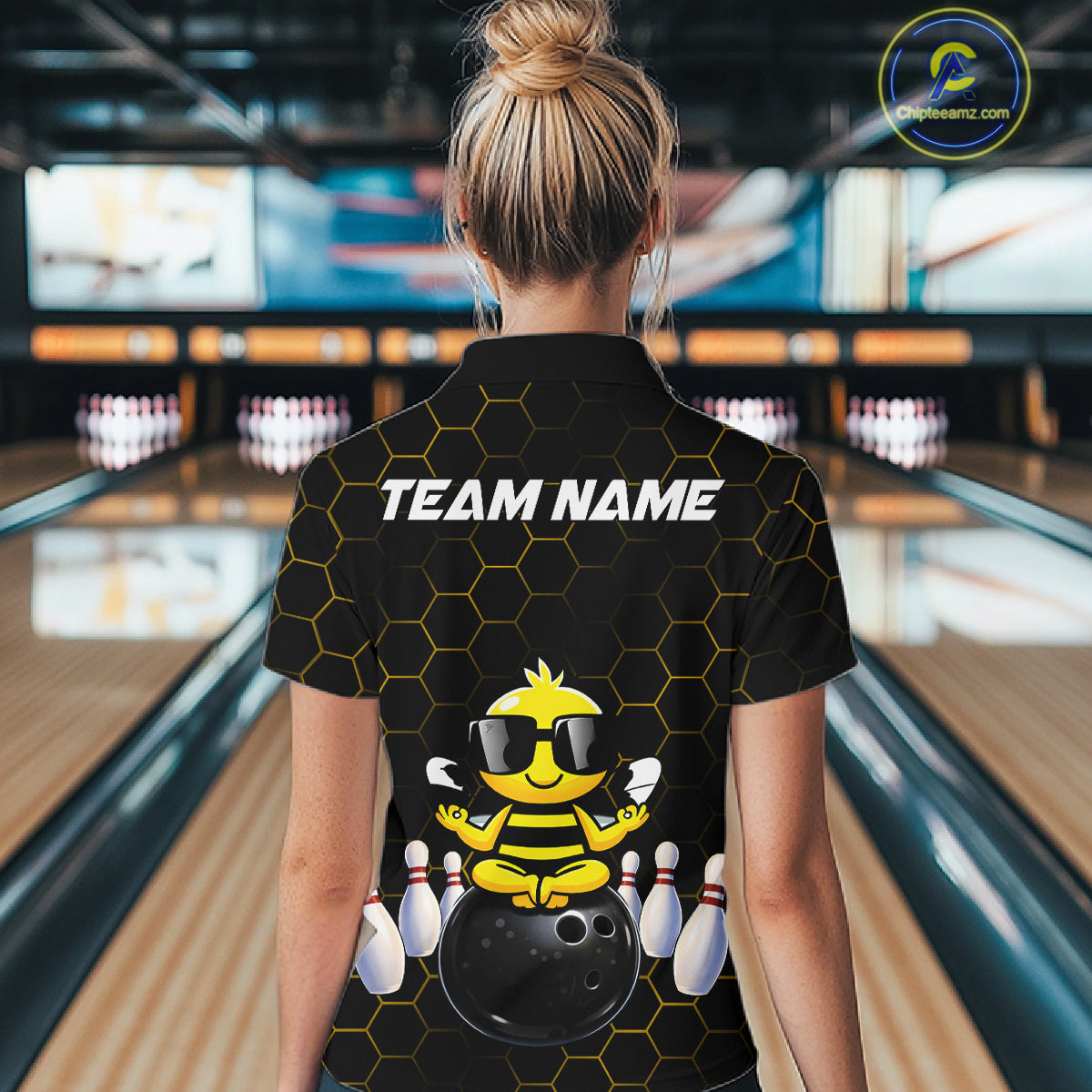 Black and Gold Funny Bee Bowling Shirts for Women Custom Team Bowling Jerseys, Gift For Bowlers NQS11582